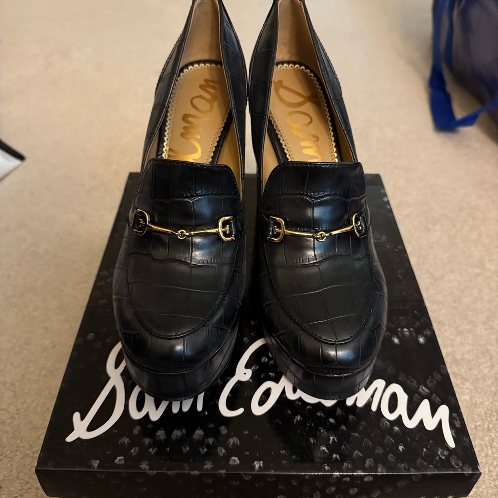 Sam Edelman Black Leather Loafers with Gold Horsebit
